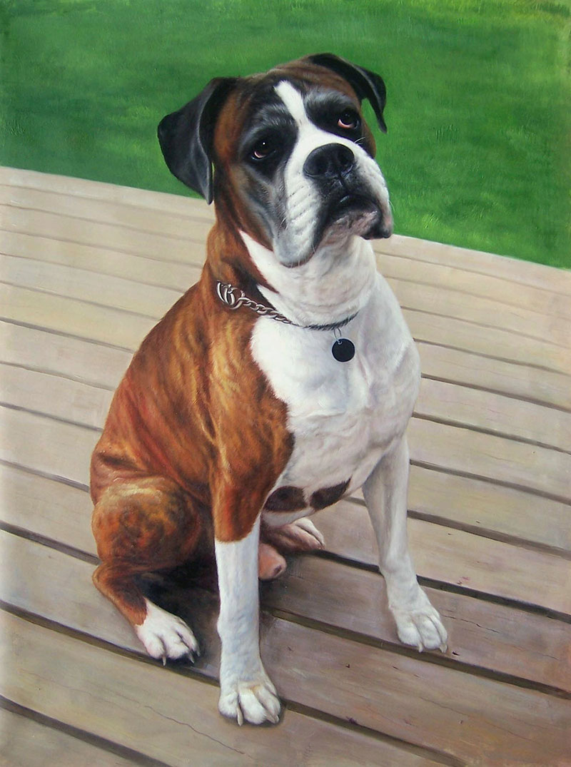 Painting of a brindle and white Boxer dog sitting on a deck.