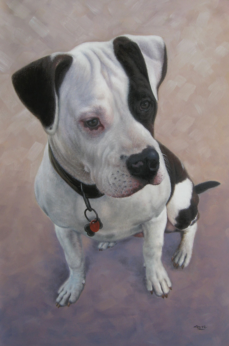 custom oil painting of black and white dog beige background