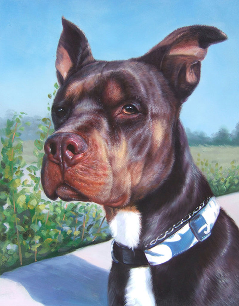 Painting of a brown and white dog wearing a blue collar