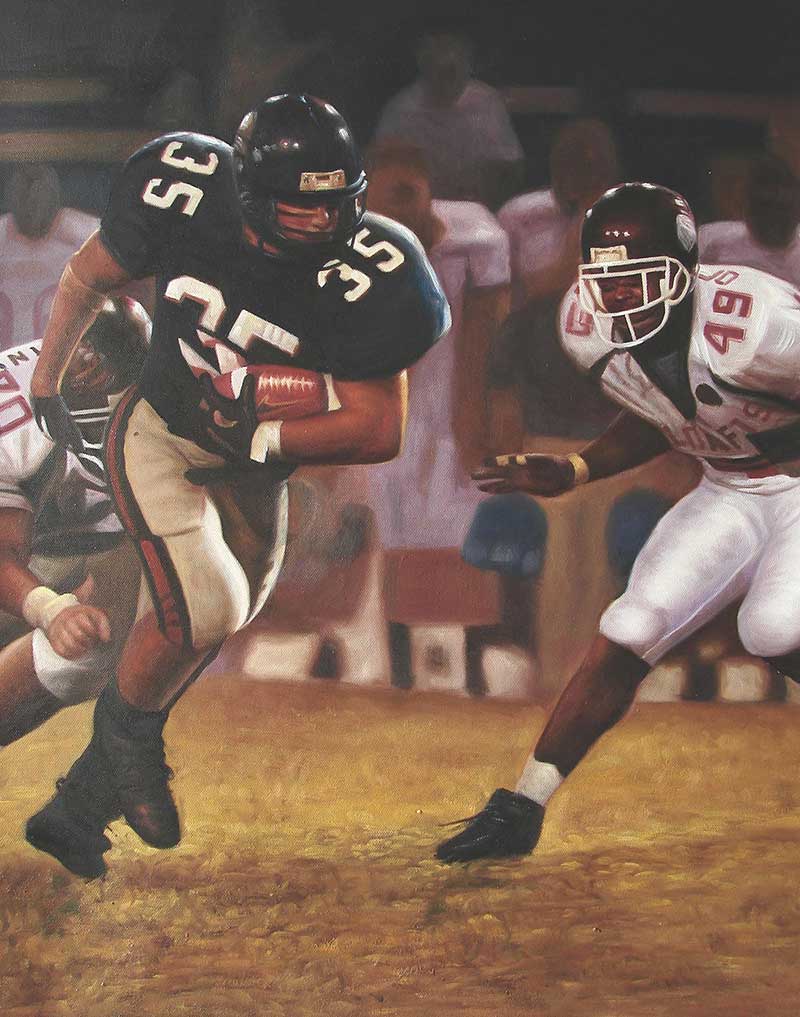 Painting of a football game in progress, a player in a dark jersey is running with the ball, pursued by a player in a white jersey.