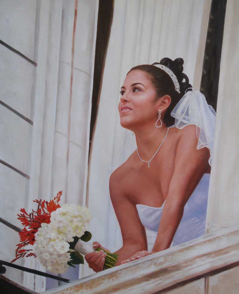 a custom oil painting of a bride looking from the window