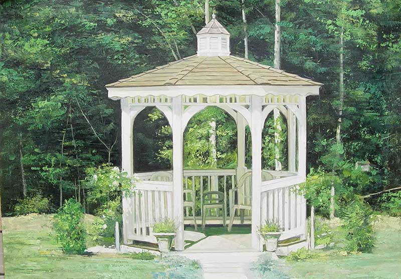 Painting of a white gazebo with chairs inside, situated in a green forest.