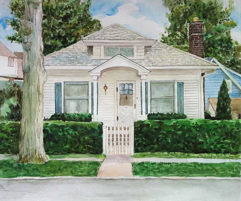 custom watercolor painting of a small white house