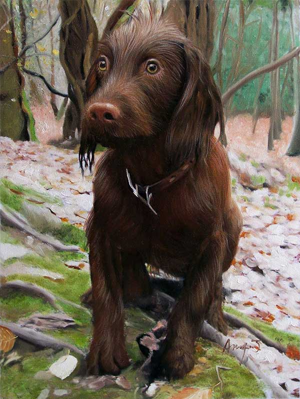 Painting of a brown puppy in a forest.