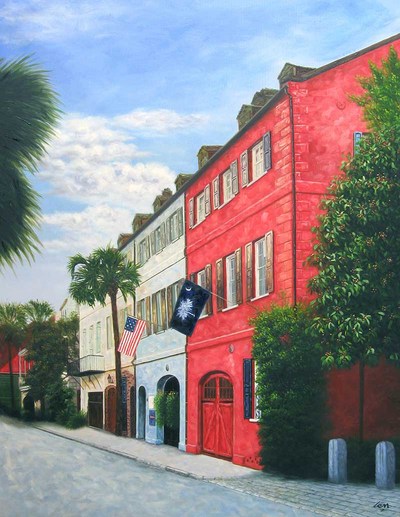 Painting of colorful historic houses, palm trees, and flags on a sunny street.