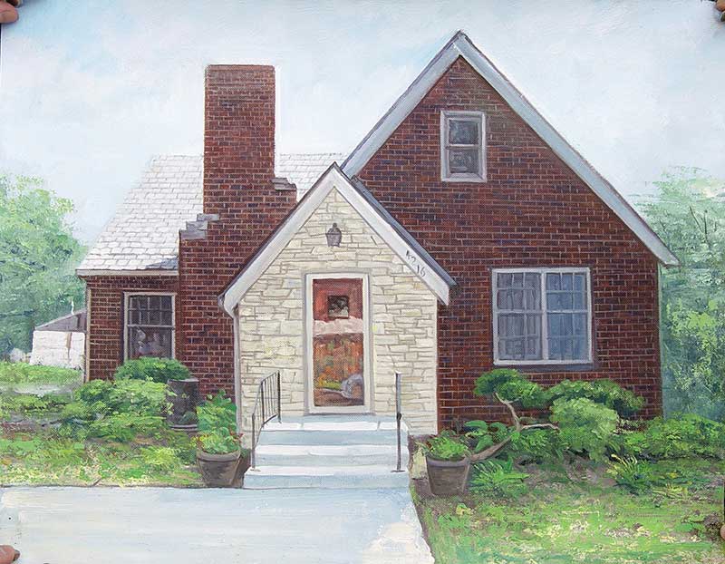 Painting of a brick house with light stone entryway and landscaping.
