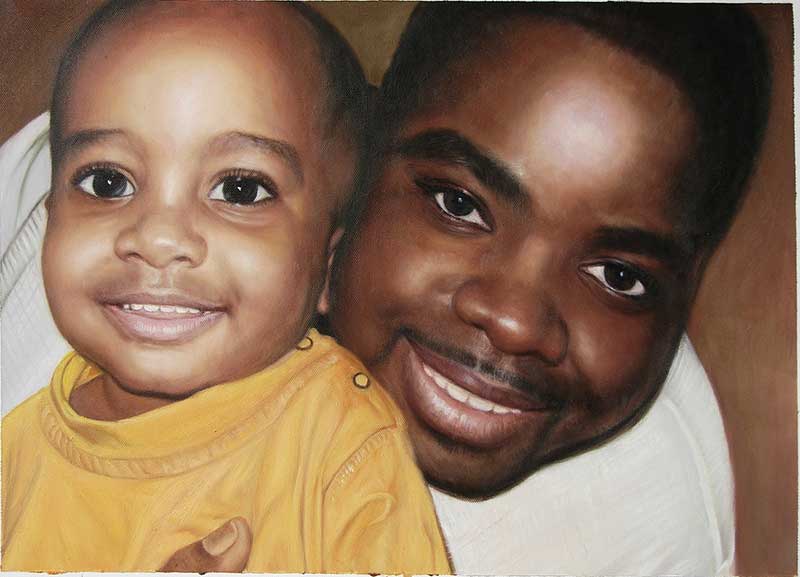 Portrait painting of a smiling man and toddler.