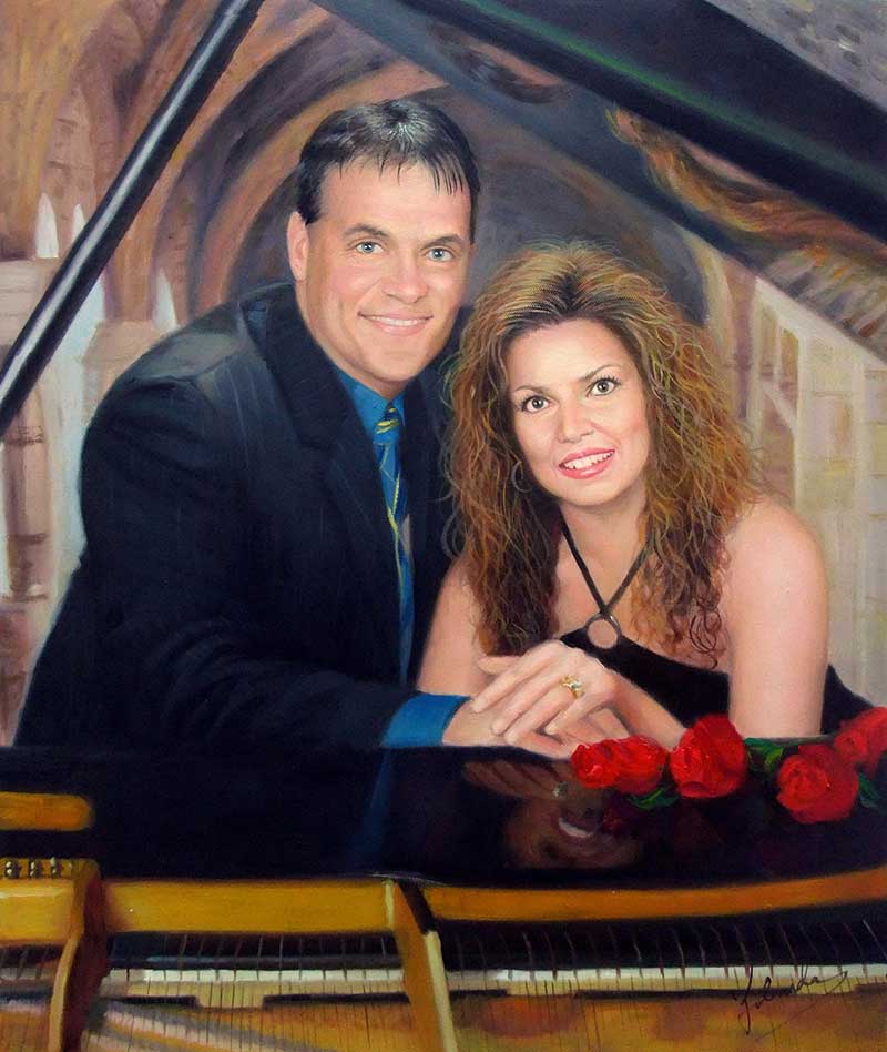custom oil painting of couples that love music piano