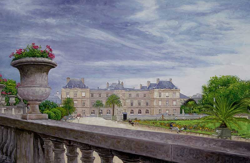 Painting of a Parisian garden with a large building in the background and stone urns with flowers in the foreground.