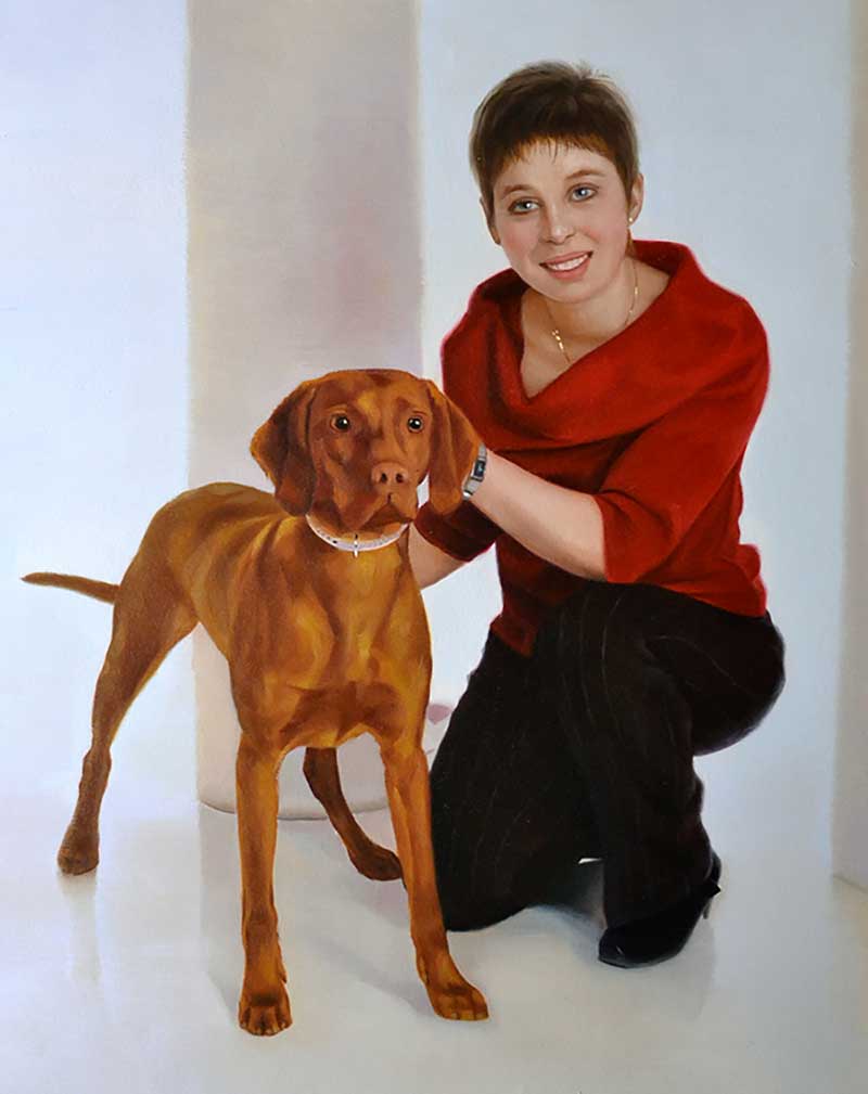 hond met eigenaar olieverfschilderij