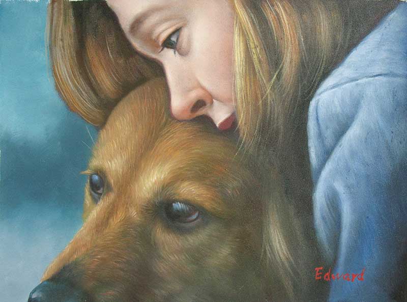 Painting of a girl embracing a dog.