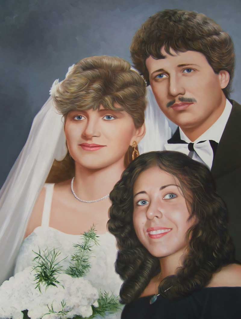 Painted portrait of a bride, groom, and another woman.