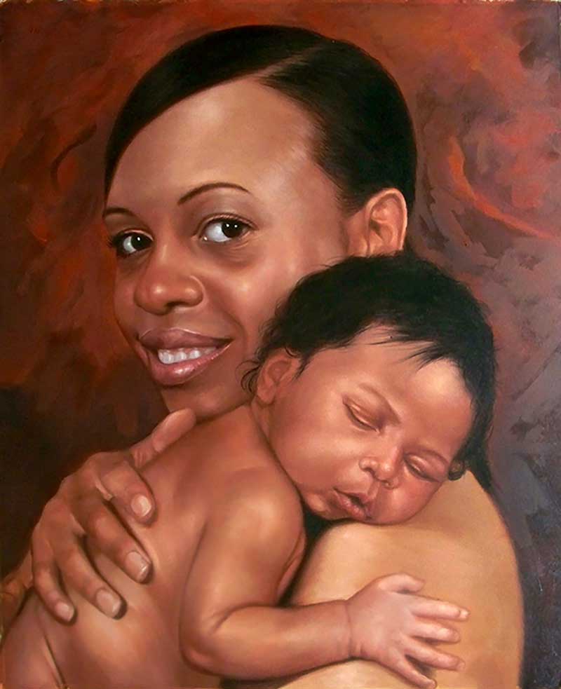 Painting of a mother tenderly holding her sleeping baby.