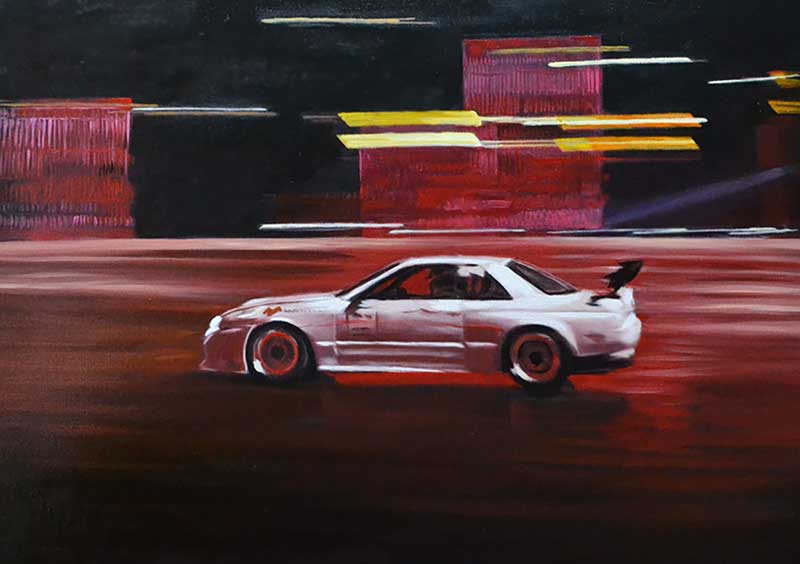 Custom oil handmade painting a white sports car