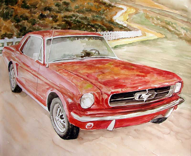 custom watercolor painting with red car by road