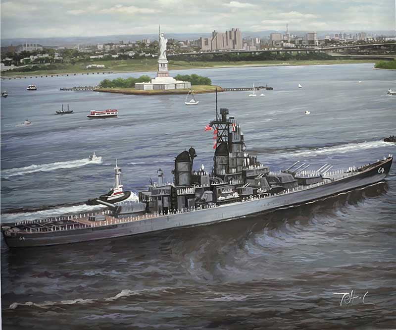 Battleship sailing past the Statue of Liberty.