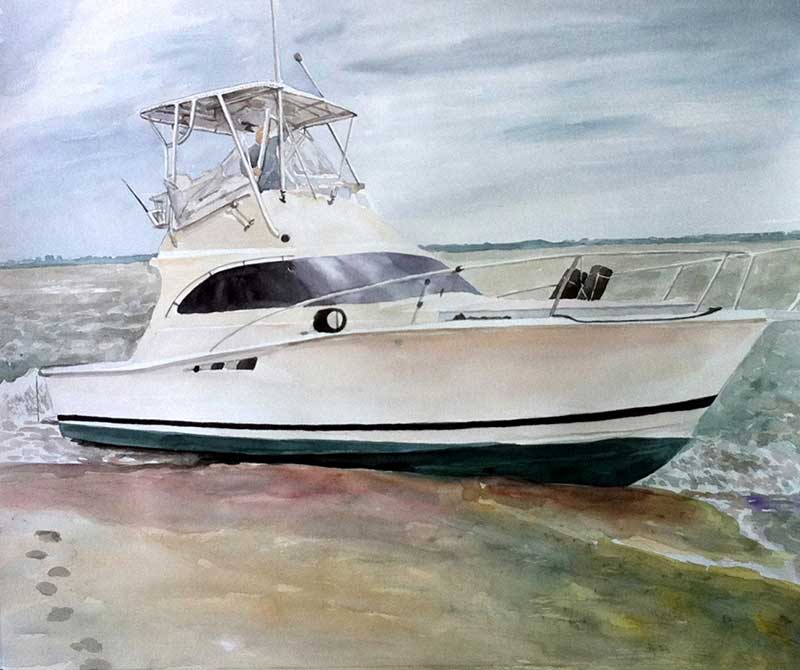 custom watercolor painting of a boat in the water