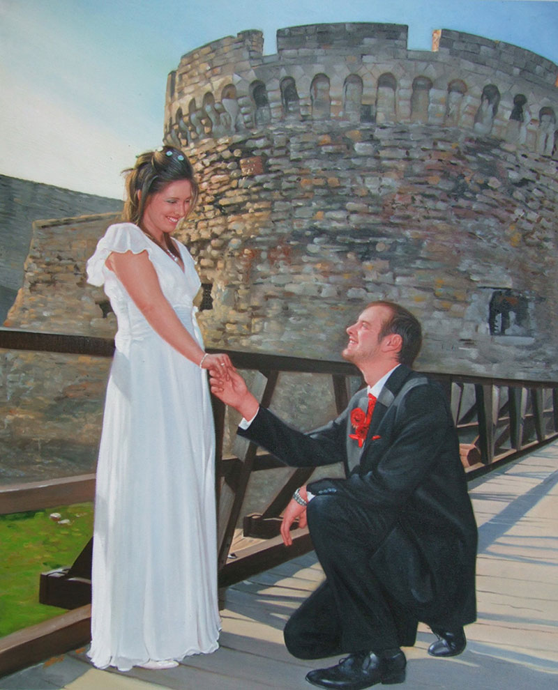 an oil painting of a groom kneeling before his bride