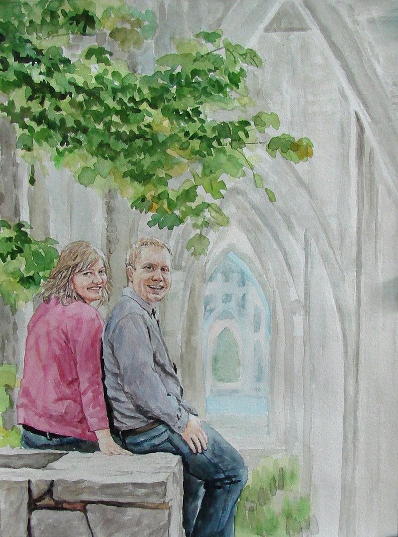 custom watercolor painting of couple outside