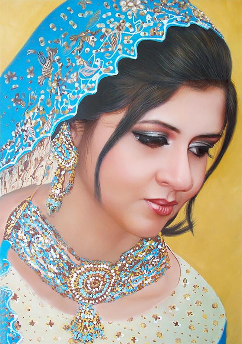 Painting of a woman wearing a blue veil and ornate jewelry.