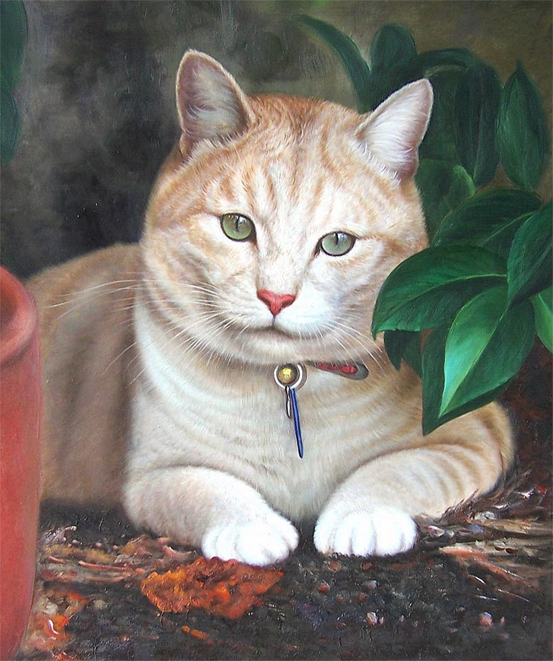 Painting of a light orange cat wearing a collar, sitting near green plants and a terracotta pot.