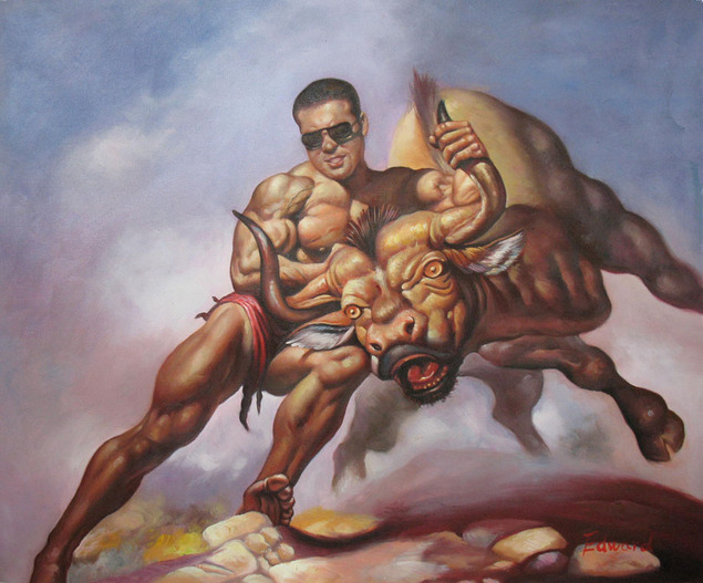 Muscular man in sunglasses wrestling a bull.