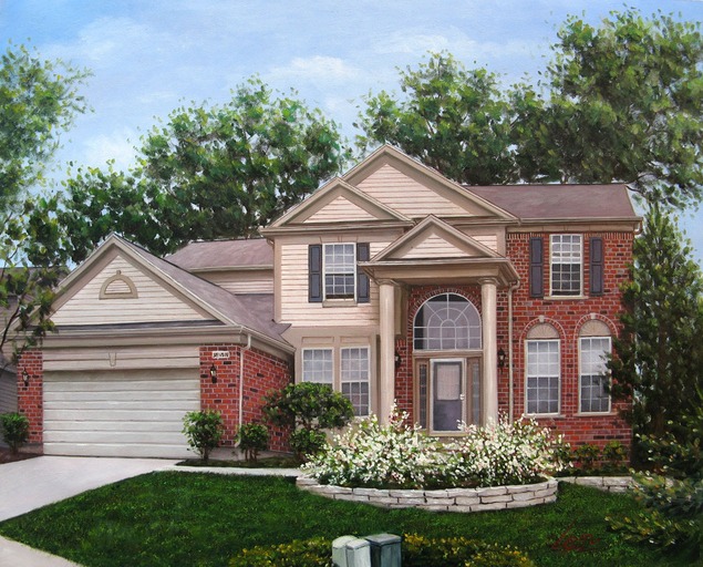 Painting of a two-story brick and beige house with a white garage door, and a garden of white flowers in front.