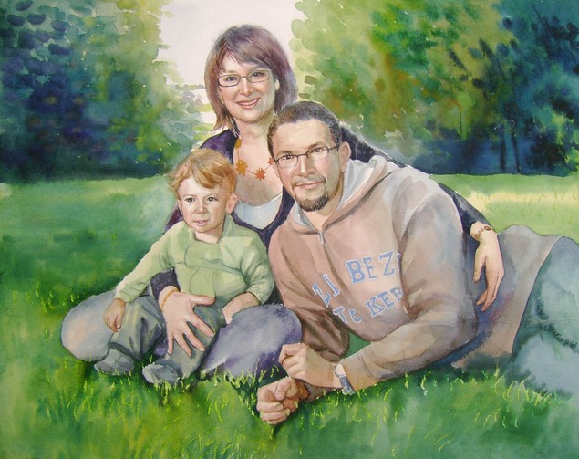 custom watercolor painting of family in the park