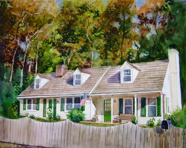 custom watercolor painting of a fenced house with mailbox