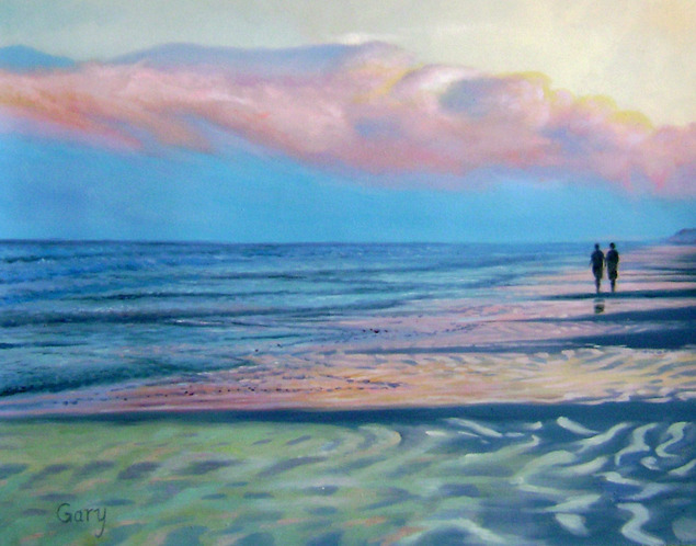 Couple walking on beach at sunset, pink clouds in sky.