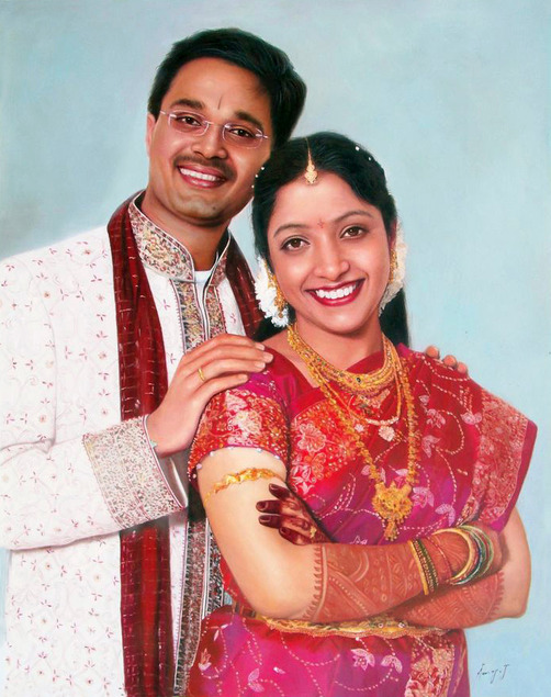 an indian couple on their wedding oil painting