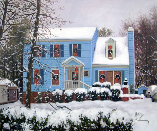 Snow-covered blue house with Christmas wreaths on windows and door.