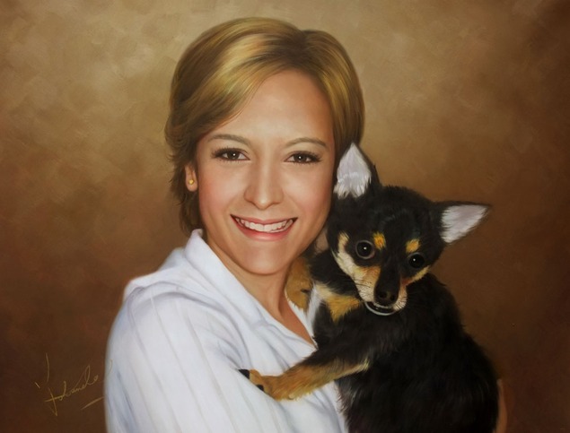Handmade oil painting a woman holidng little chihuahua