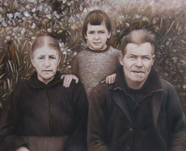 vintage style oil family painting near field