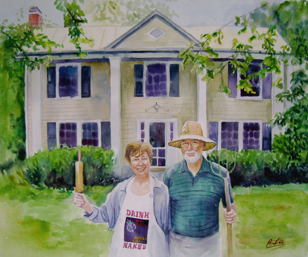 custom watercolor painting of a couple in front of home