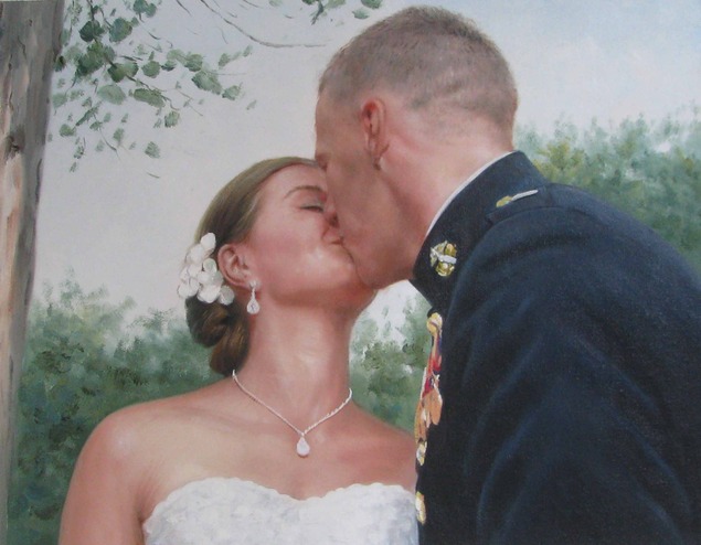 a custom oil painting of wedding couple kissing