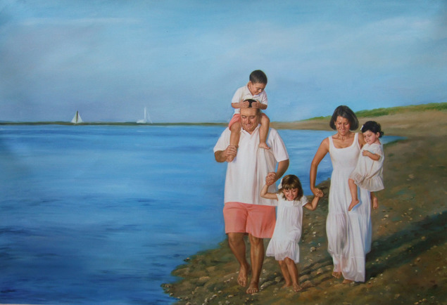 a custom oil painting of family at the beach