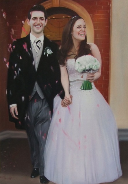 an oil painting of a happy wedding couple holding hands