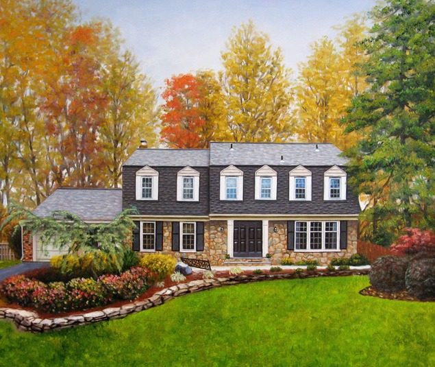 Custom oil painting of a grey stone house during fall