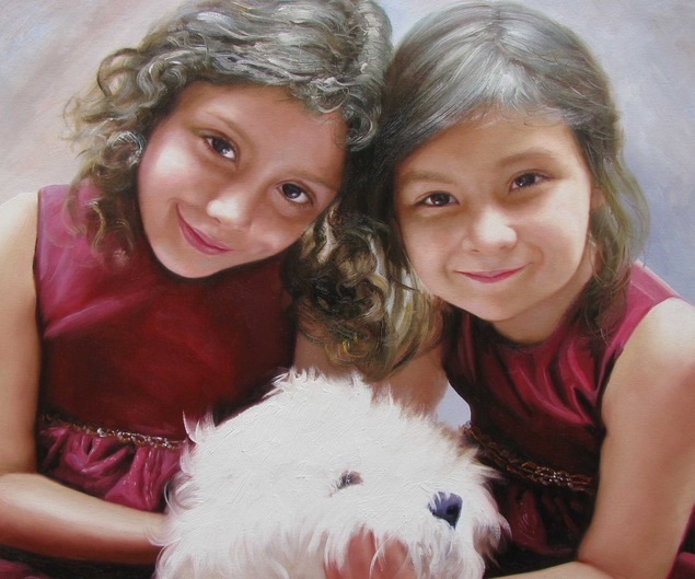Custom oil painting of sisters petting white poodle
