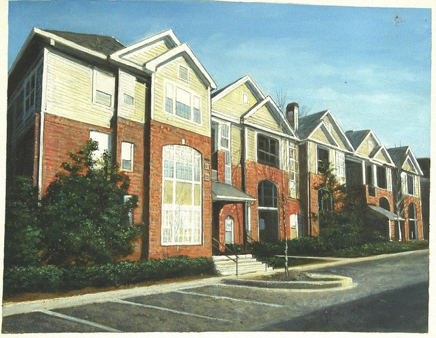 Painting of apartment buildings under a blue sky