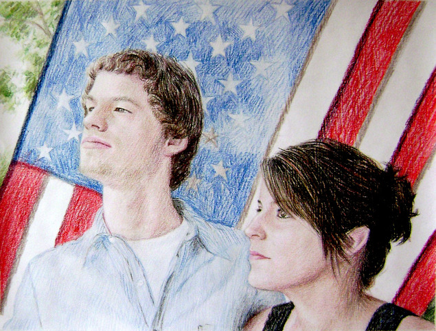 colored pencil drawing of a couple in front of American flag