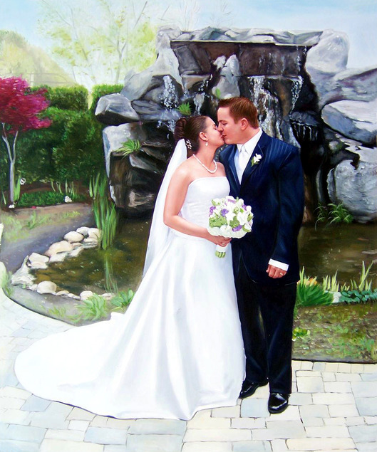 Bride and groom kissing in front of waterfall painting.