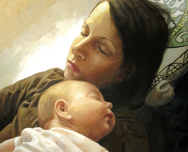 Sleeping mother and baby