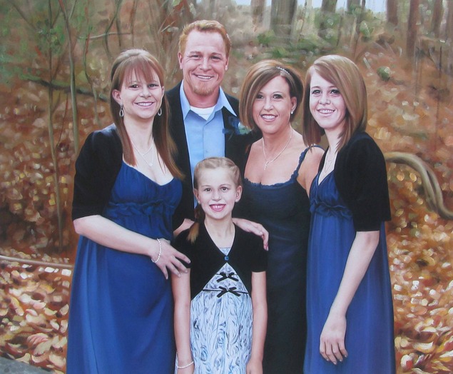 a custom oil painting of a family in the woods