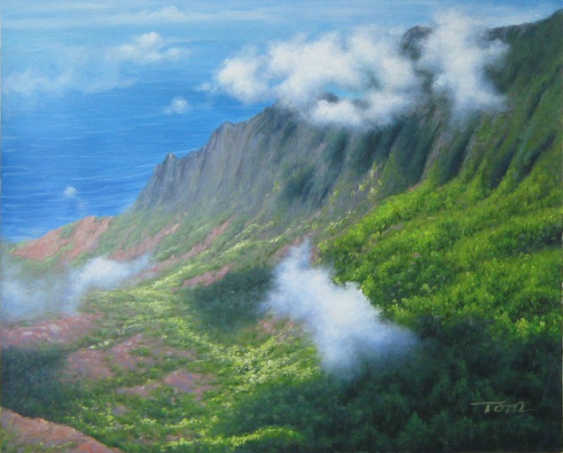 Coastal cliffside with clouds and lush green vegetation.