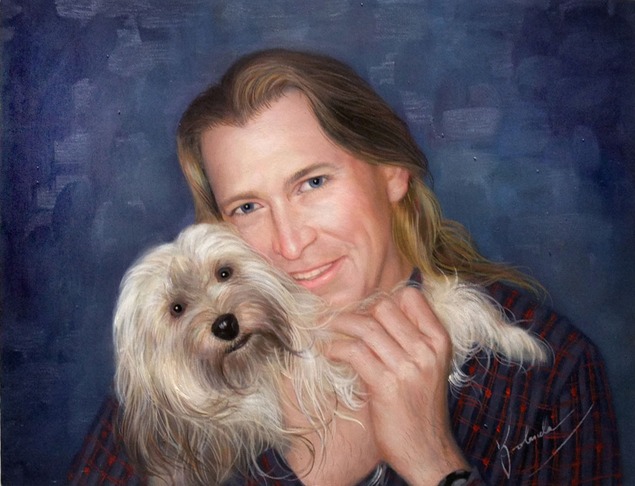Custom oil painting of ownder hugging longhair dog