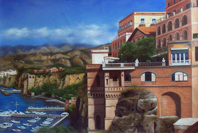 Painting of a coastal Italian town with a large hotel overlooking a marina and mountains.