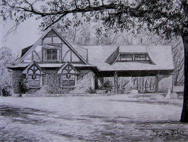 Pencil sketch of a house under a tree