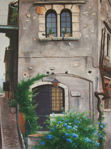 Painting of a stone building with arched windows, a doorway with a lantern, and blue flowers.